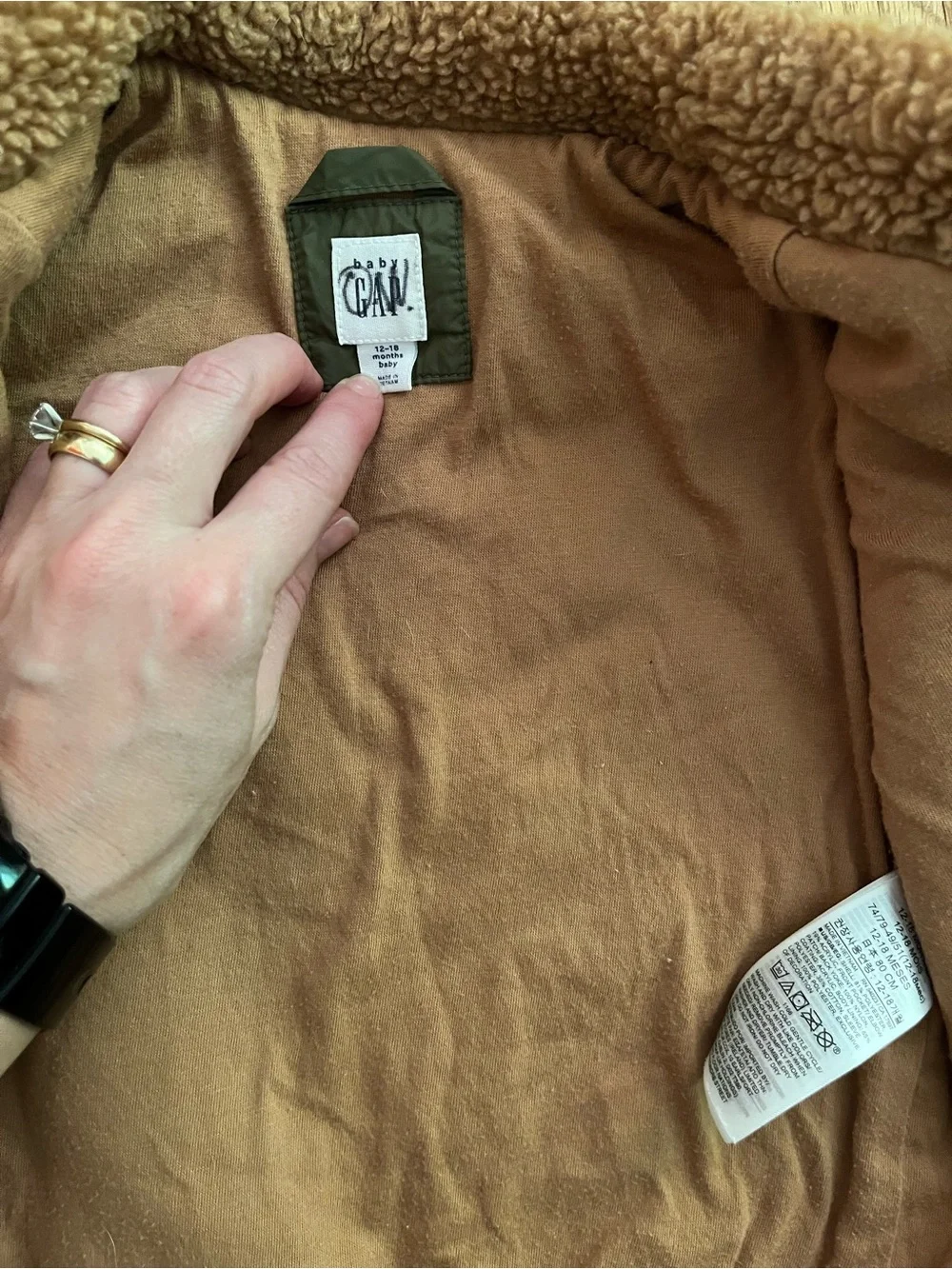 GAP Baby Sherpa Jacket in Camel with Olive Accents 12-18 months